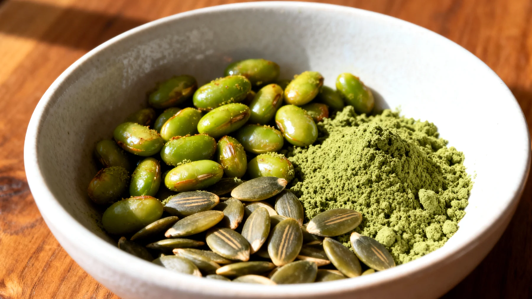 Edamame tostati con semi di zucca e spirulina"