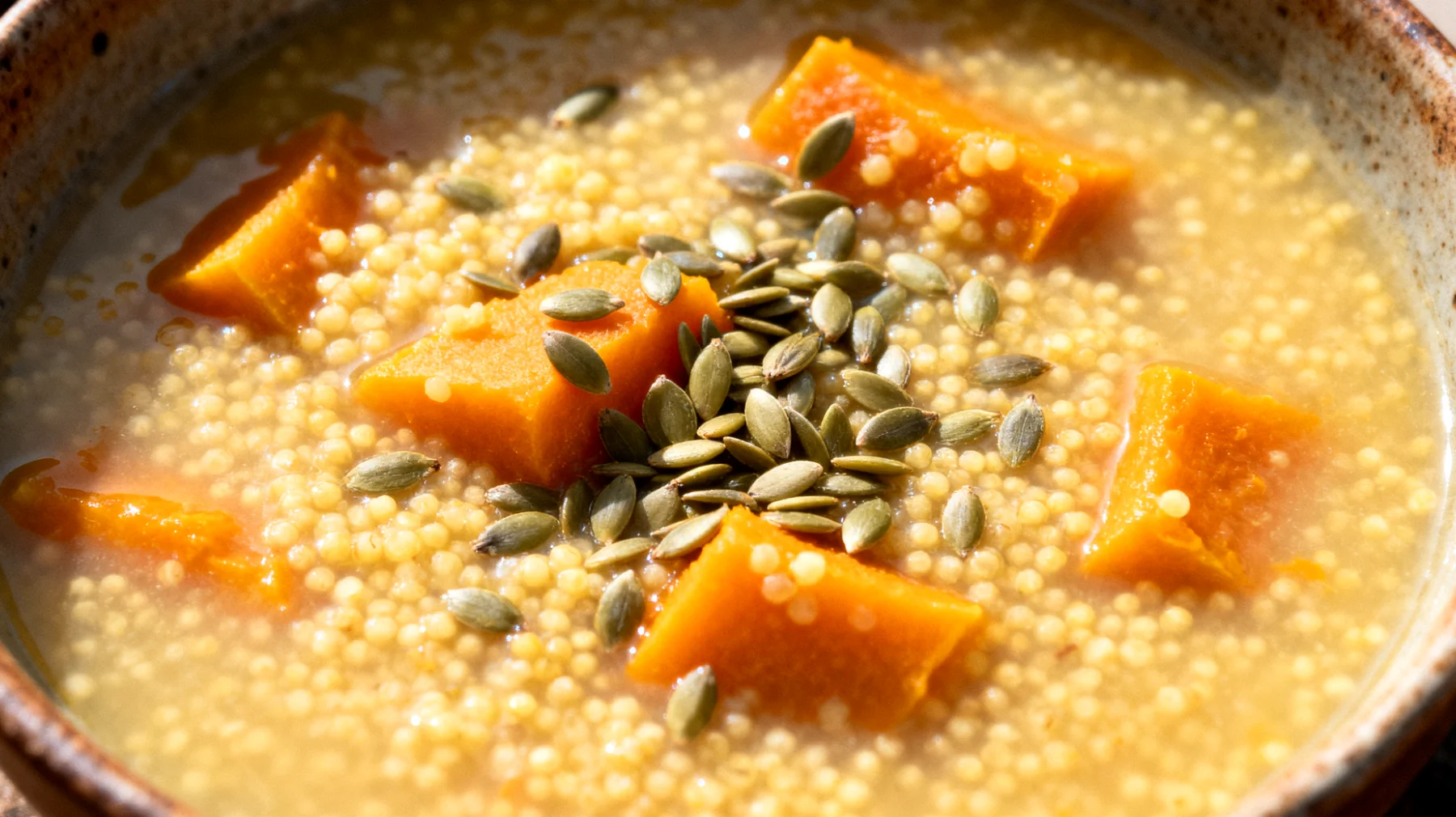Zuppa di miglio con zucca e semi di canapa"