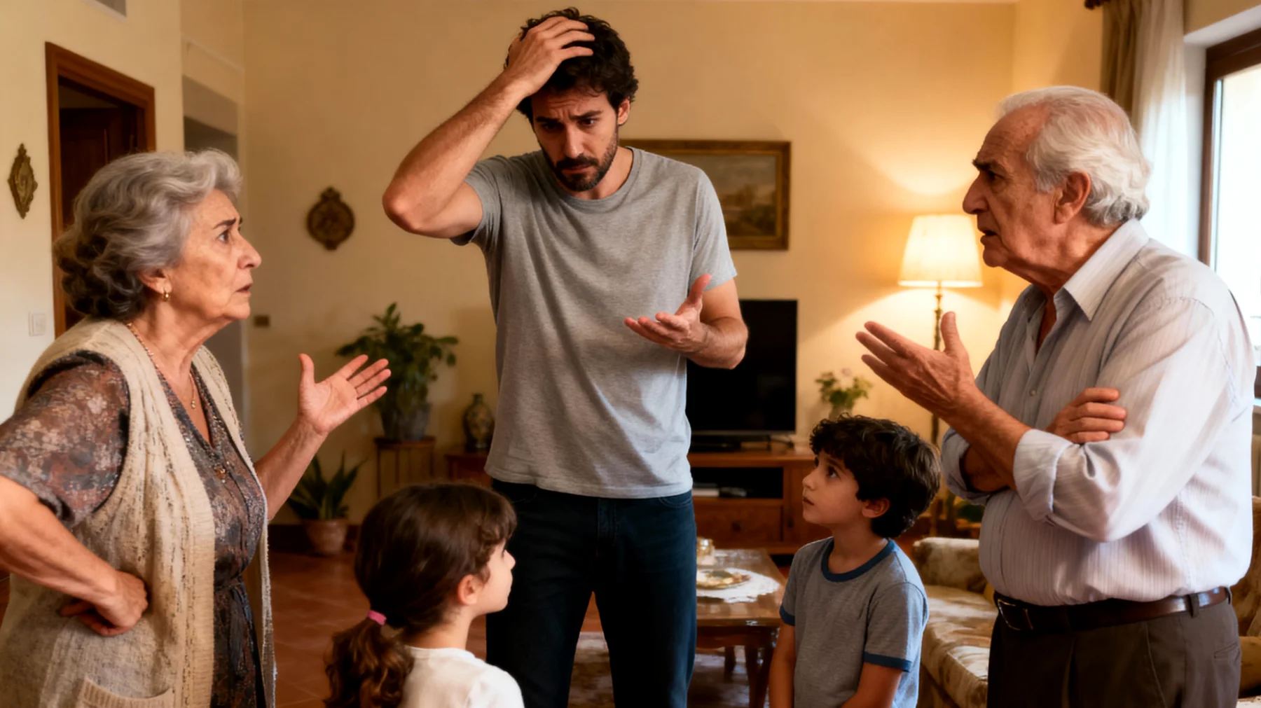 Un papà si trova in difficoltà nel gestire i conflitti con i nonni paterni o materni riguardo alle scelte educative per i suoi bambini, creando tensioni familiari e confusione nei piccoli che ricevono messaggi contrastanti"