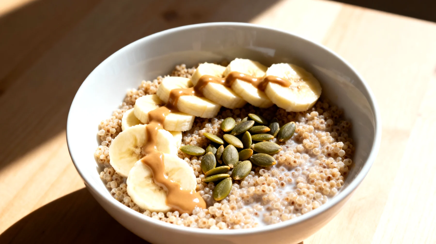 Amaranto soffiato con banana, burro di mandorle e semi di zucca"